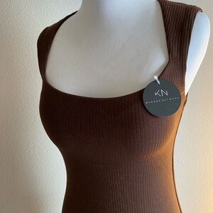 NEW Sz Small Klassy network Brami midi Dress Brown Ribbed Sweetheart neckline